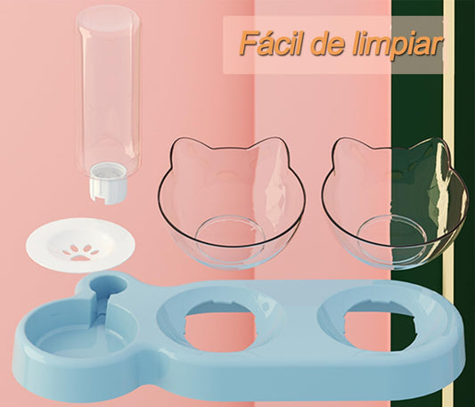 Comedero Doble Elevado 3 en 1 para Gatos y Mascotas