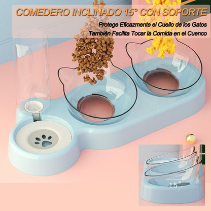 Comedero Doble Elevado 3 en 1 para Gatos y Mascotas